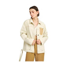 Contrasted Cream Denim Jean Jacket with Drawstring Waist - VacationGrabs