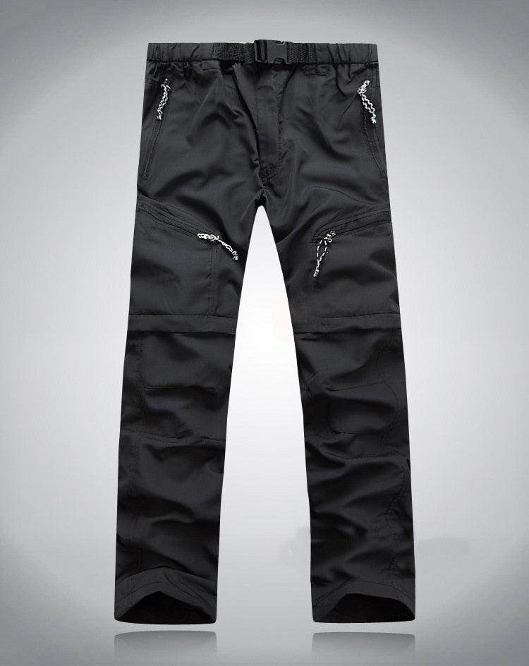 Men's black Convertible Pants for travel with zippered pockets and adjustable belt