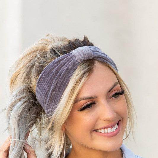 Aili's Corner corduroy hair wrap in grey, perfect for stylish and comfortable hair styling