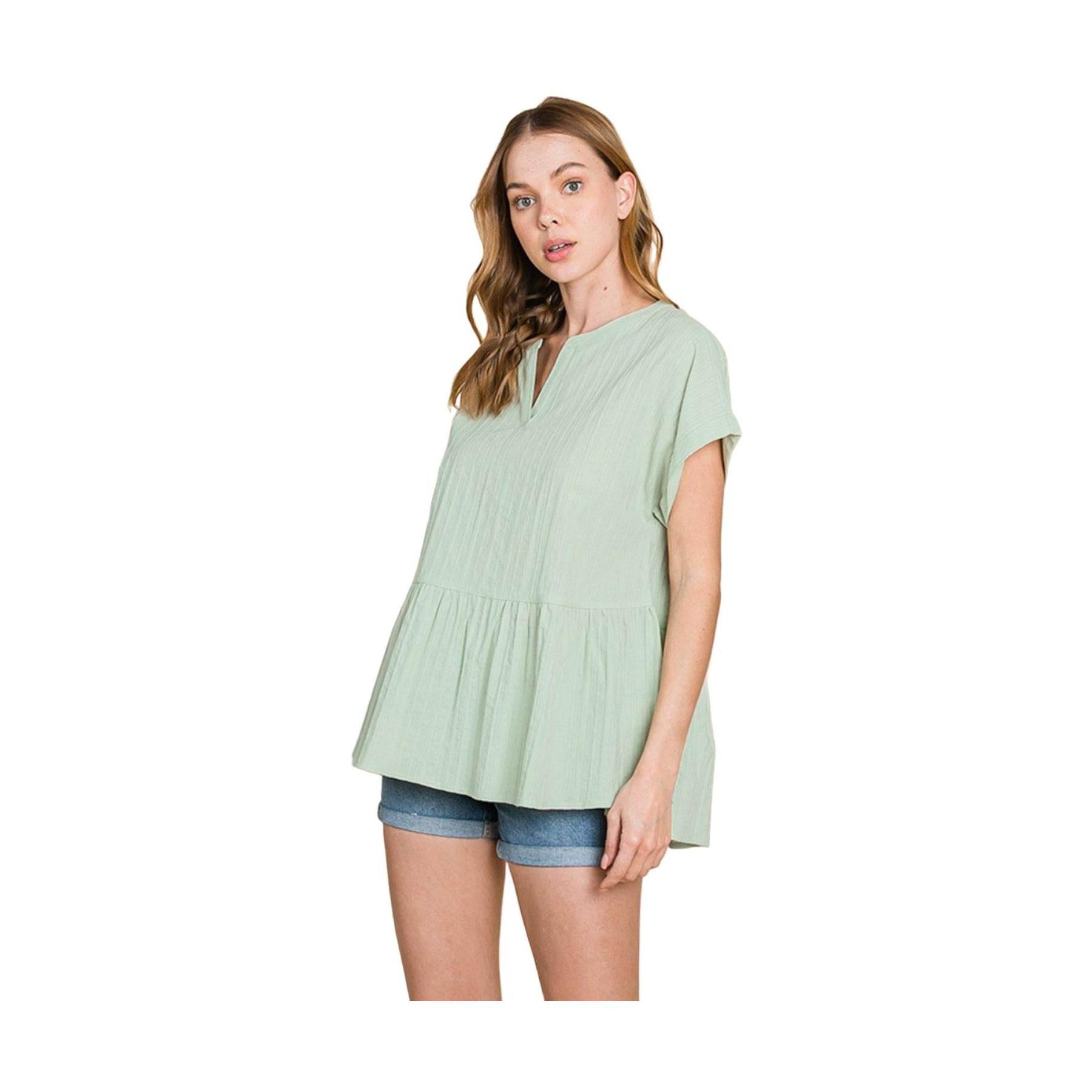 Cotton Bleu by Nu Lab Ruched Notched Short Sleeve Blouse - VacationGrabs