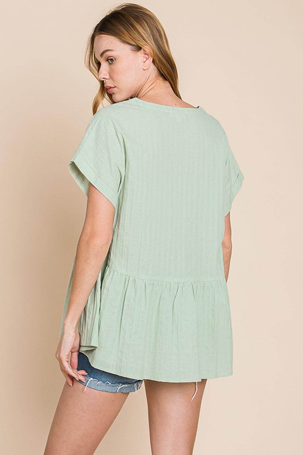 Cotton Bleu by Nu Lab Ruched Notched Short Sleeve Blouse - VacationGrabs