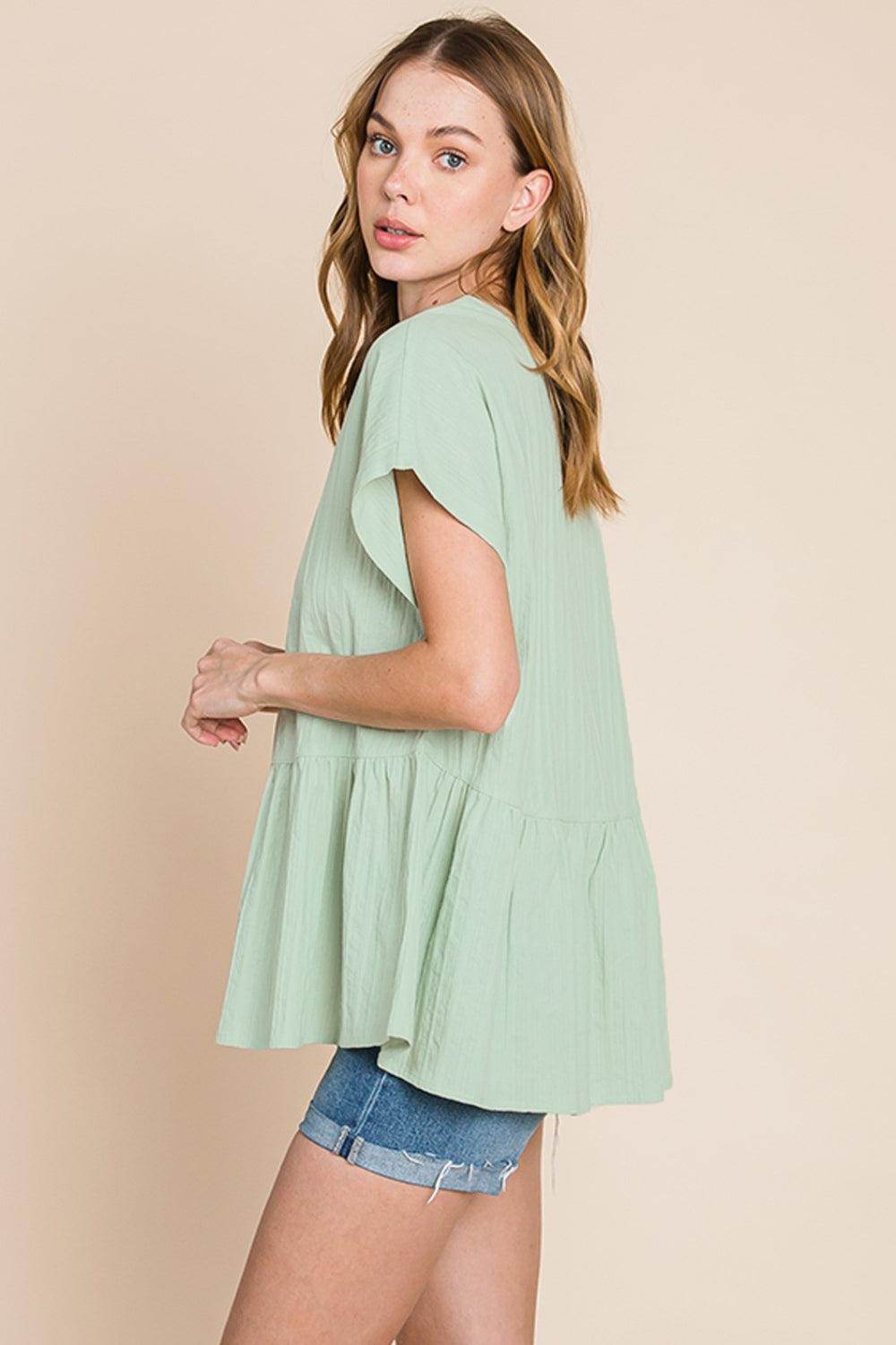 Cotton Bleu by Nu Lab Ruched Notched Short Sleeve Blouse - VacationGrabs