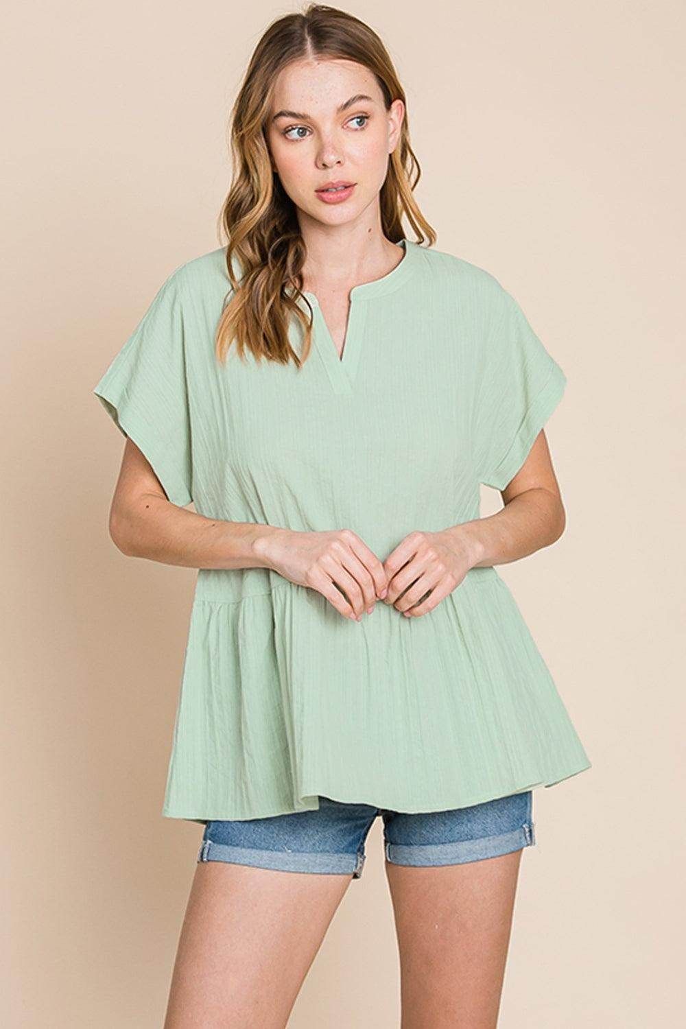 Cotton Bleu by Nu Lab Ruched Notched Short Sleeve Blouse - VacationGrabs