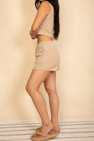 Women's cotton French terry crop top and shorts set in beige for comfortable summer wear