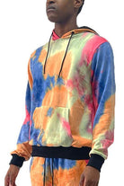 Men's WEIV cotton tie dye sweatshirt in vibrant colors with a front pocket and adjustable hood