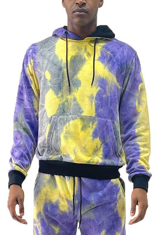 WEIV cotton tie dye sweatshirt in purple and yellow with a cozy hood and adjustable drawstrings