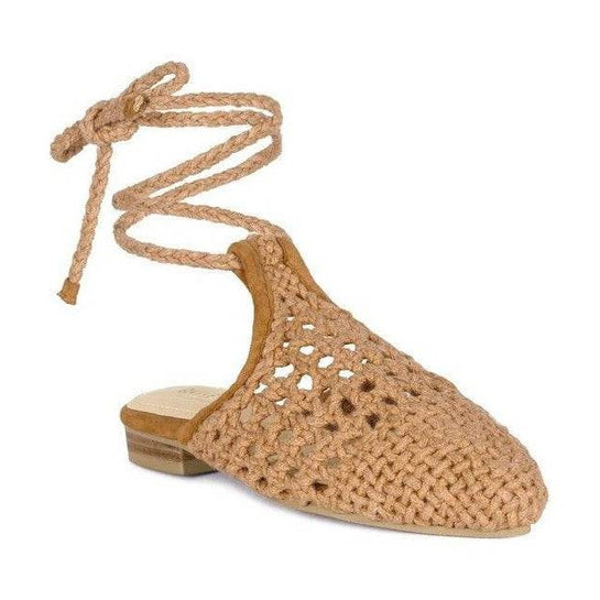 Rag Company women's cotton tie up shoes in tan with a woven design and ankle ties