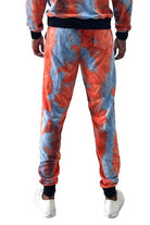 WEIV cotton tye dye sweatpants in red and blue with black waistband and ankle cuffs