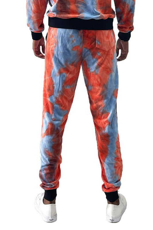 WEIV cotton tye dye sweatpants in red and blue with black waistband and ankle cuffs