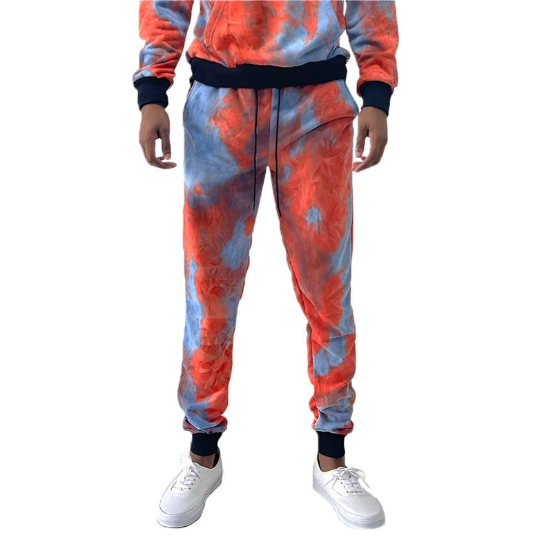 WEIV cotton tye dye sweatpants in orange and blue with drawstring waist and cuffed ankles