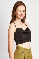 Emory Park Women's Cowl Neck Satin Bustier Online in Black with Spaghetti Straps and Cropped Design