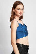 Emory Park Cowl Neck Satin Bustier Online in Blue with Adjustable Straps and Cropped Design