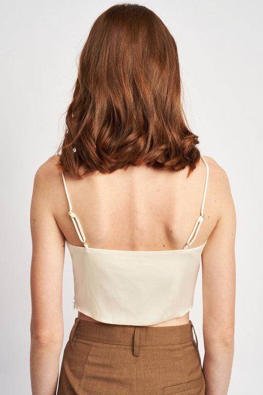 Emory Park Women's Cowl Neck Satin Bustier Online in Cream with Adjustable Straps and Cropped Design