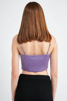 Back view of Emory Park women's cropped top featuring a cowl neck satin bustier online in purple color