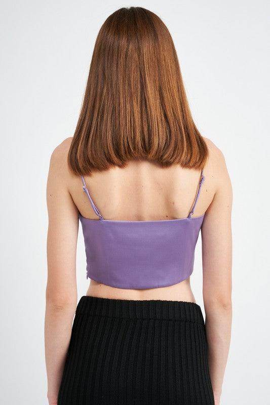 Back view of Emory Park women's cropped top featuring a cowl neck satin bustier online in purple color
