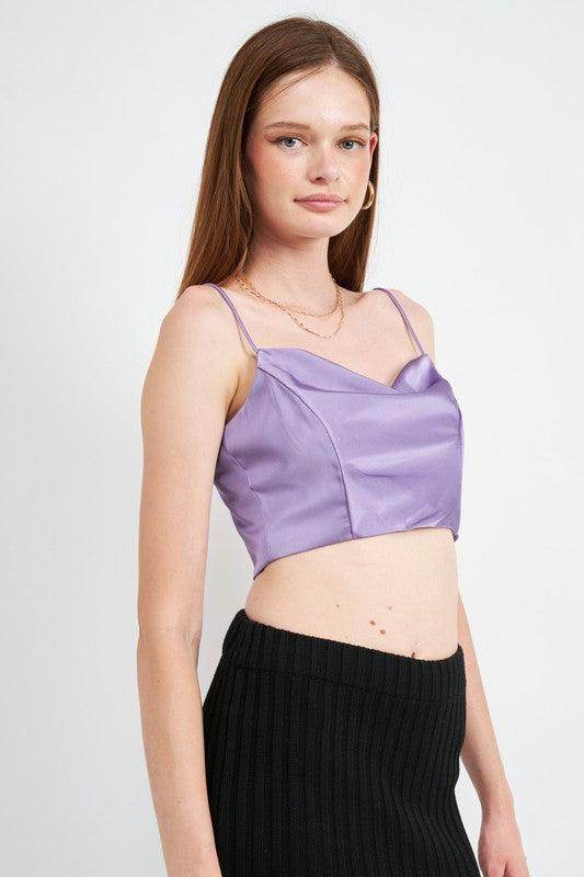 Emory Park cowl neck satin bustier online in lavender, featuring a stylish cropped design and delicate straps