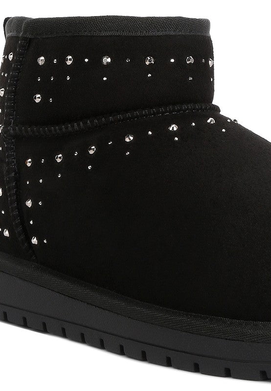 Stylish black cozy fur boots for women embellished with sparkling rhinestones