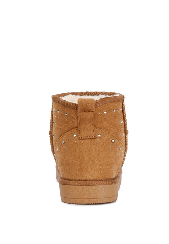 Rag Company cozy fur boots for women in tan with stylish studded detailing on the back