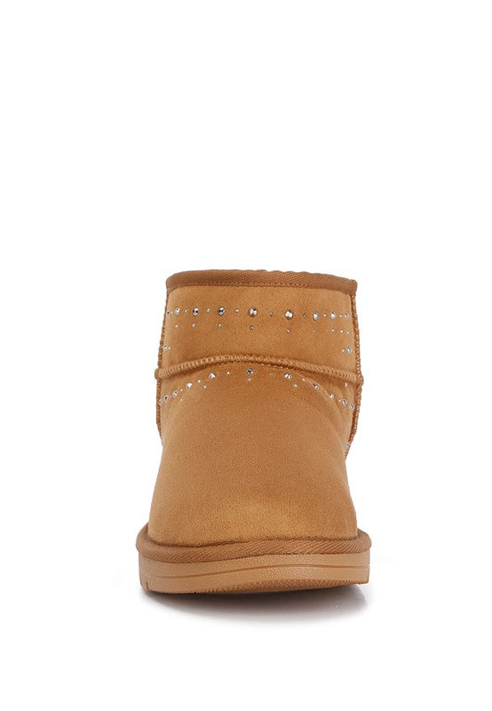 Rag Company cozy fur boots for women in tan with studded embellishments for warmth and style