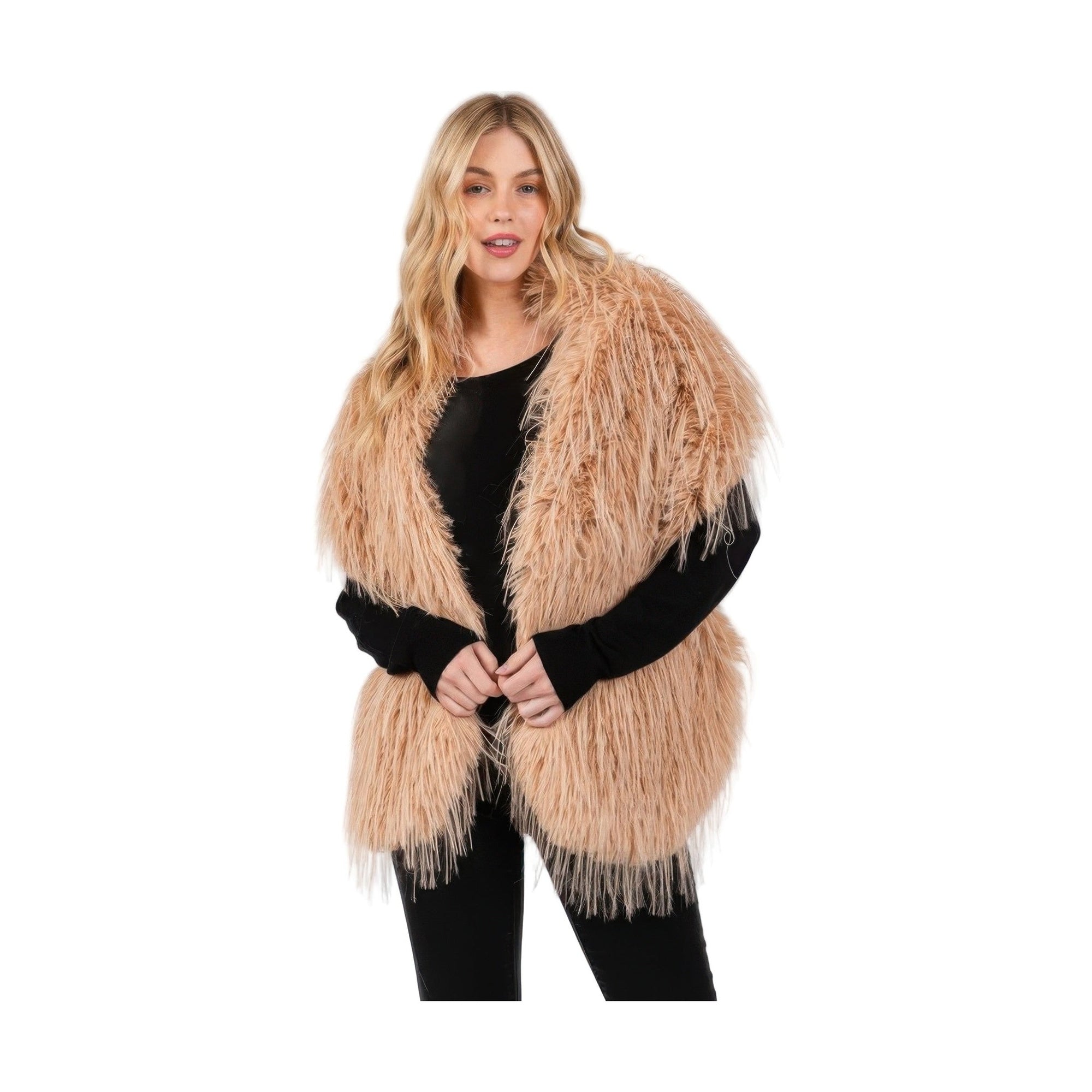 VacationGrabs womens camel shag coat with faux fur pull through shawl over black top