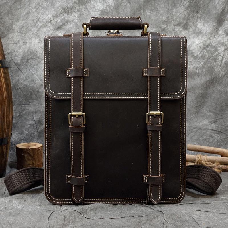 Crazy horse leather backpack 14 inch with sturdy straps and vintage style for travel enthusiasts