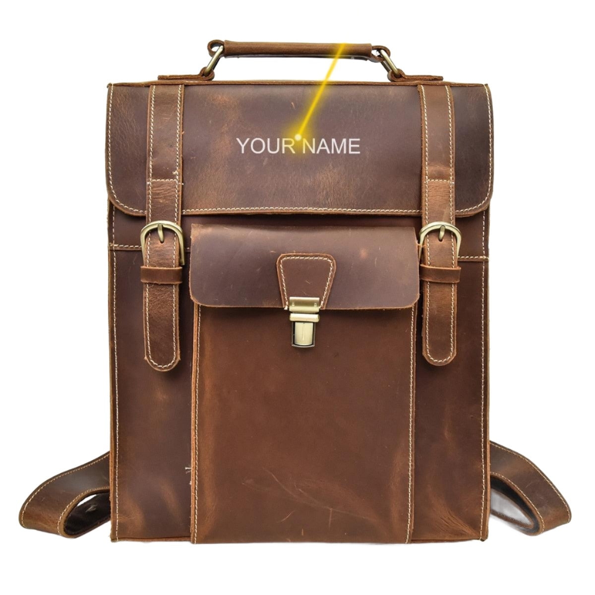 VacationGrabs crazy horse leather backpack 14 inch with customizable name tag and vintage design