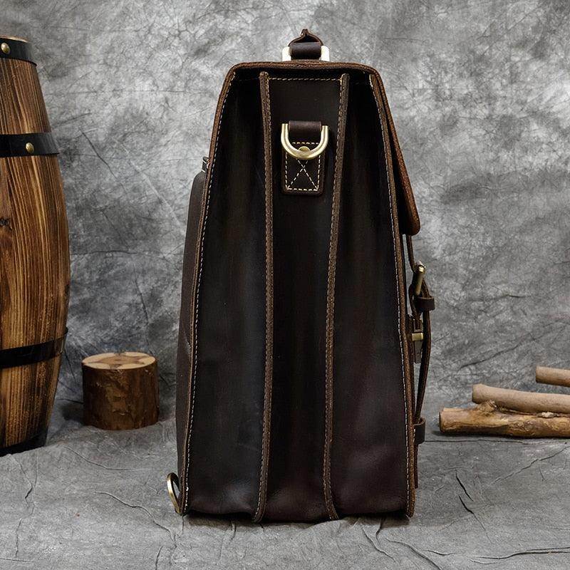 Crazy Horse Leather Backpack in a rustic setting with a sturdy design for travel enthusiasts