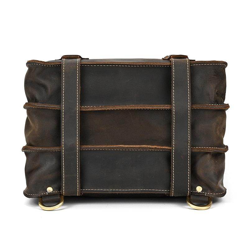 Back view of a Crazy Horse Leather Backpack featuring durable straps and sturdy construction for travel