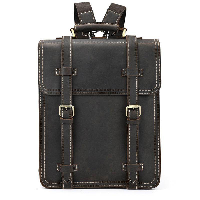 Crazy Horse Leather Backpack in dark brown with adjustable straps and a vintage design for stylish travel
