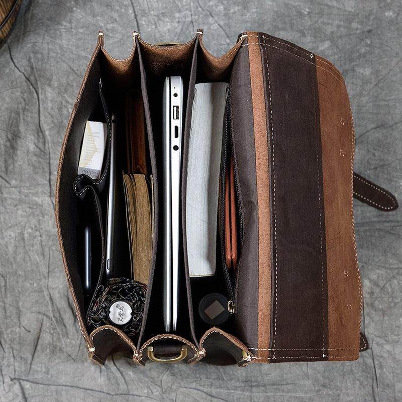 Interior view of the Crazy Horse Leather Backpack showcasing multiple compartments for organization