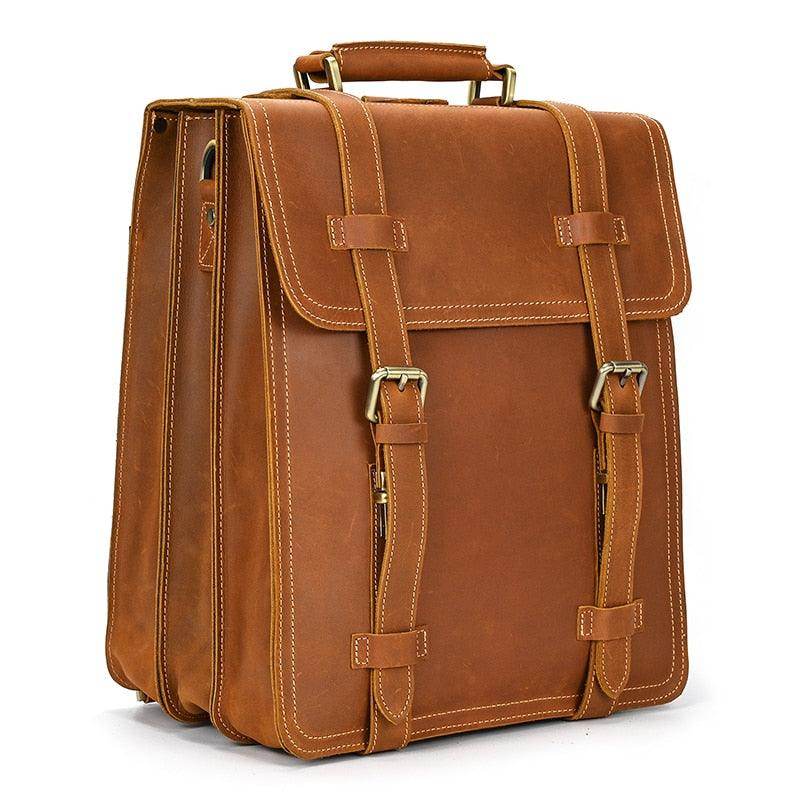 Crazy Horse Leather Backpack in brown with sturdy buckles and classic design for travel and daily use