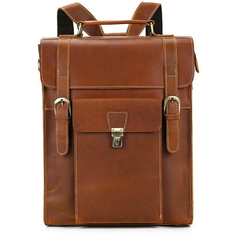 VacationGrabs Crazy Horse Leather Bags Backpack in Brown with Secure Buckle Closure and Adjustable Straps