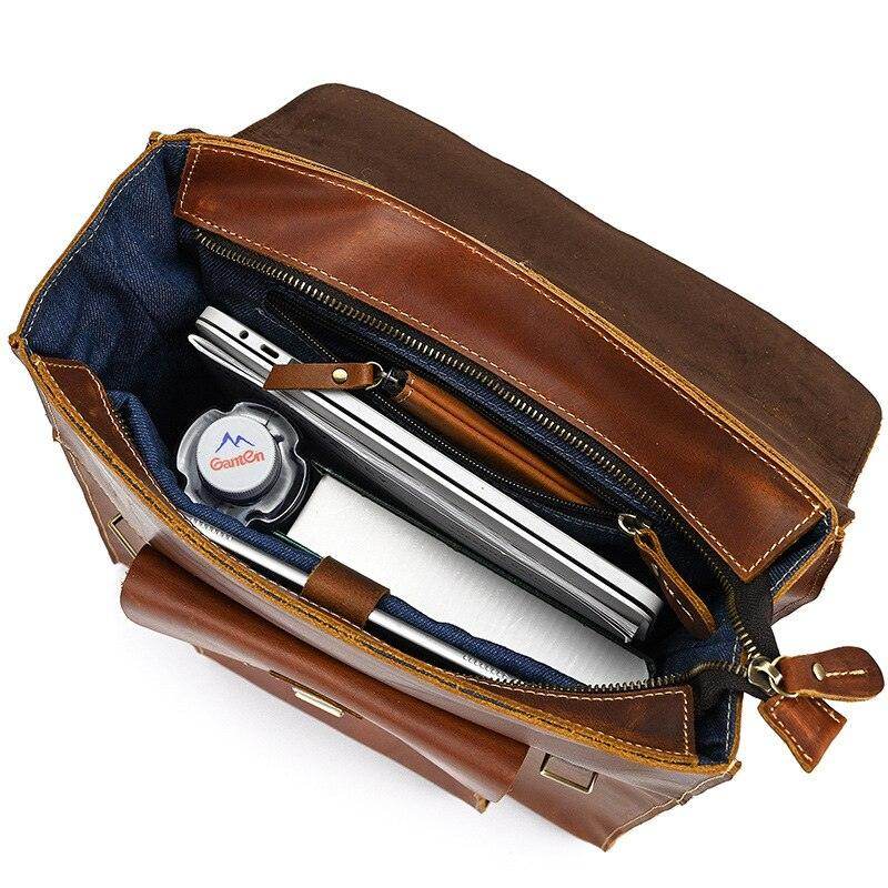 Interior of a VacationGrabs crazy horse leather bags backpack showing spacious compartments for laptop and essentials