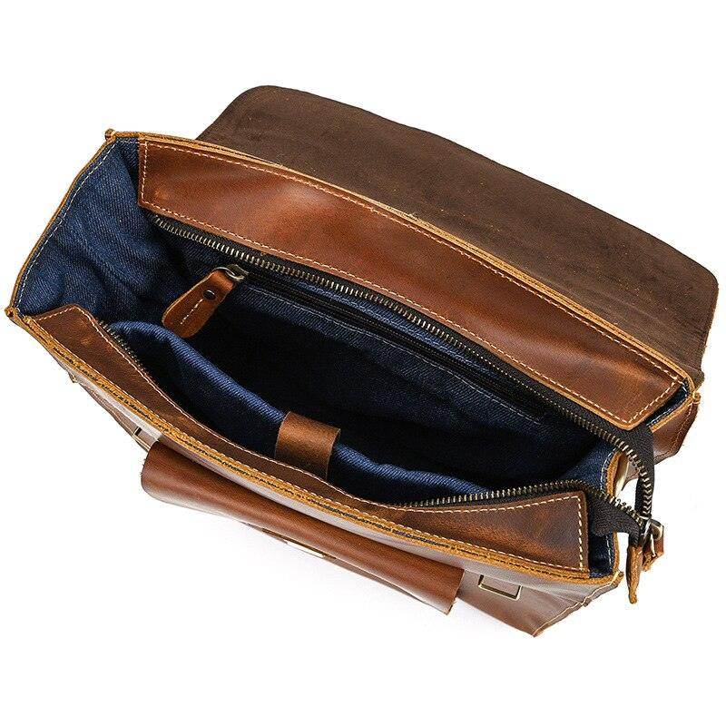 Interior view of a VacationGrabs crazy horse leather bags backpack with organized compartments and a classic design