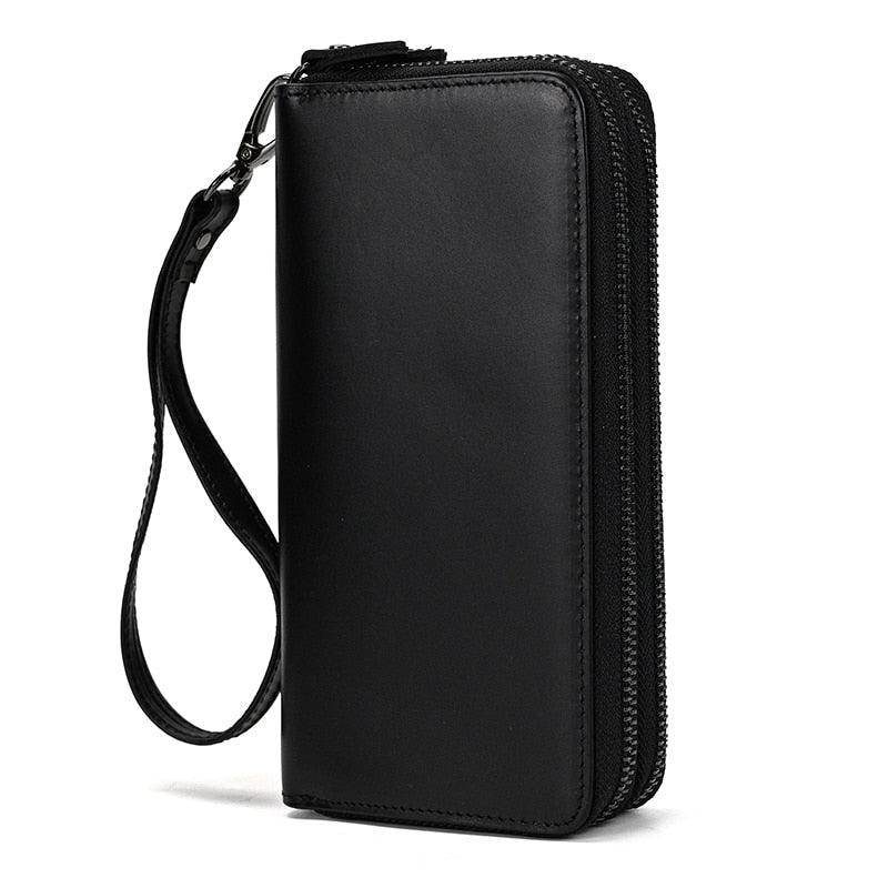 Sleek black crazy horse leather wallet with zipper and wrist strap for easy carrying