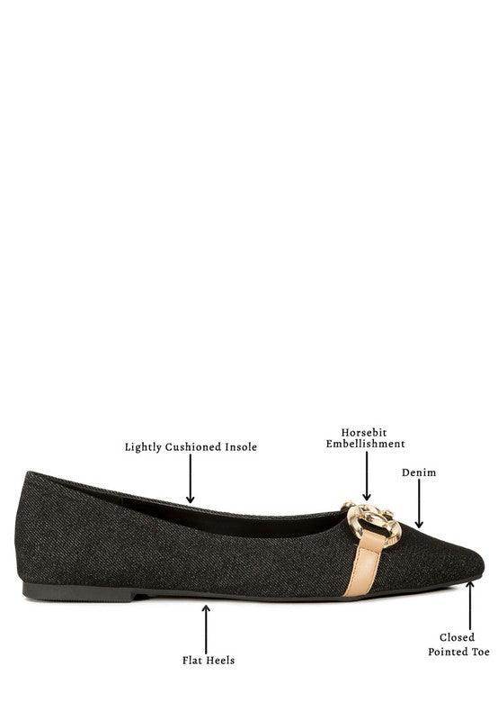 Cressida Denim Horsebit Detail Ballet Flats - VacationGrabs