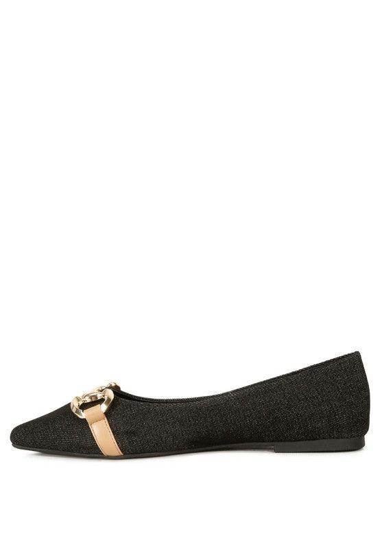 Rag Company Cressida flats vacation style in black with a stylish gold chain detail