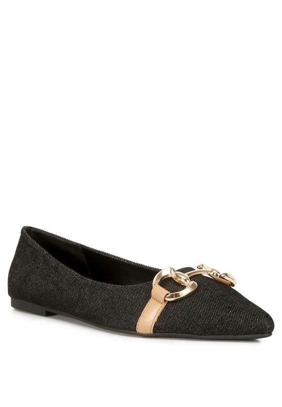 Rag Company Cressida flats vacation style in black fabric with chic gold accent for casual wear