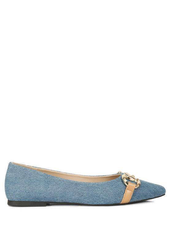 Rag Company Cressida flats vacation style in denim with a stylish buckle detail