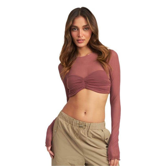 Crew Neck Ruched Bust Crop Top - VacationGrabs