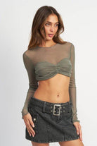 Crew Neck Ruched Bust Crop Top - VacationGrabs