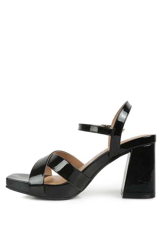 Women's black criss cross block heel sandals for stylish occasions