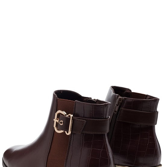 Stylish burgundy croc detail ankle boot for women with a sleek design and side zipper