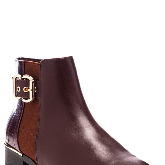 Stylish Rag Company croc detail ankle boot for women in burgundy with buckle accent