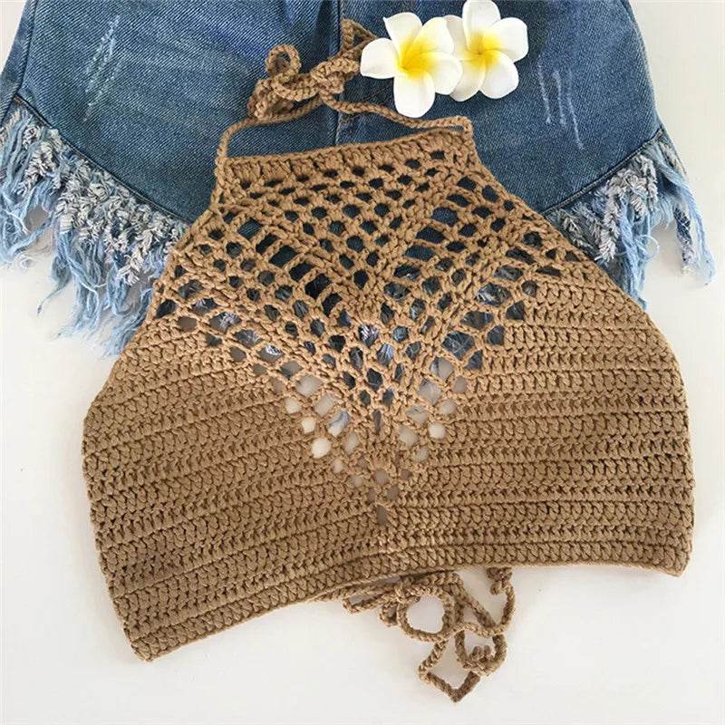 Women's crochet crop top for summer in tan, perfect for beach outings
