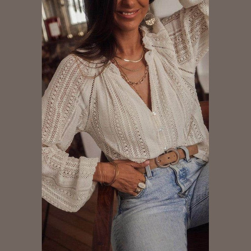 Crochet Lace button v-neck knit sweater blouse - VacationGrabs