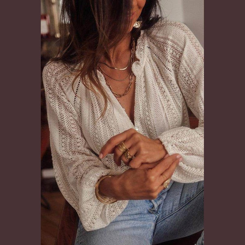 Crochet Lace button v-neck knit sweater blouse - VacationGrabs
