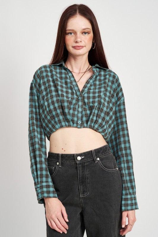 Women's Shirts Cropped Button Up Shirt With Elastic Waistband