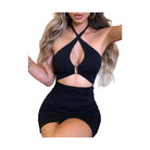 VacationGrabs black cross strap backless club dress with ruched skirt and cutout detail