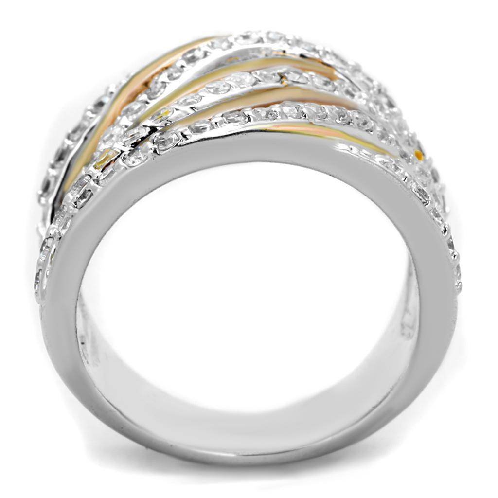 Elegant crystal accented rose gold ring with intricate striped design and shimmering details